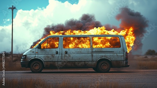 Wallpaper Mural burning van with flames and smoke, isolated on a blue background, 3d rendering Torontodigital.ca