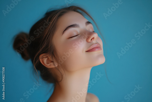 A close up of a girl's face with her eyes closed