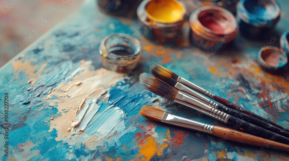 Paintbrushes and Palette with Colorful Paints Paintbrushes and Palette with Colorful Paints