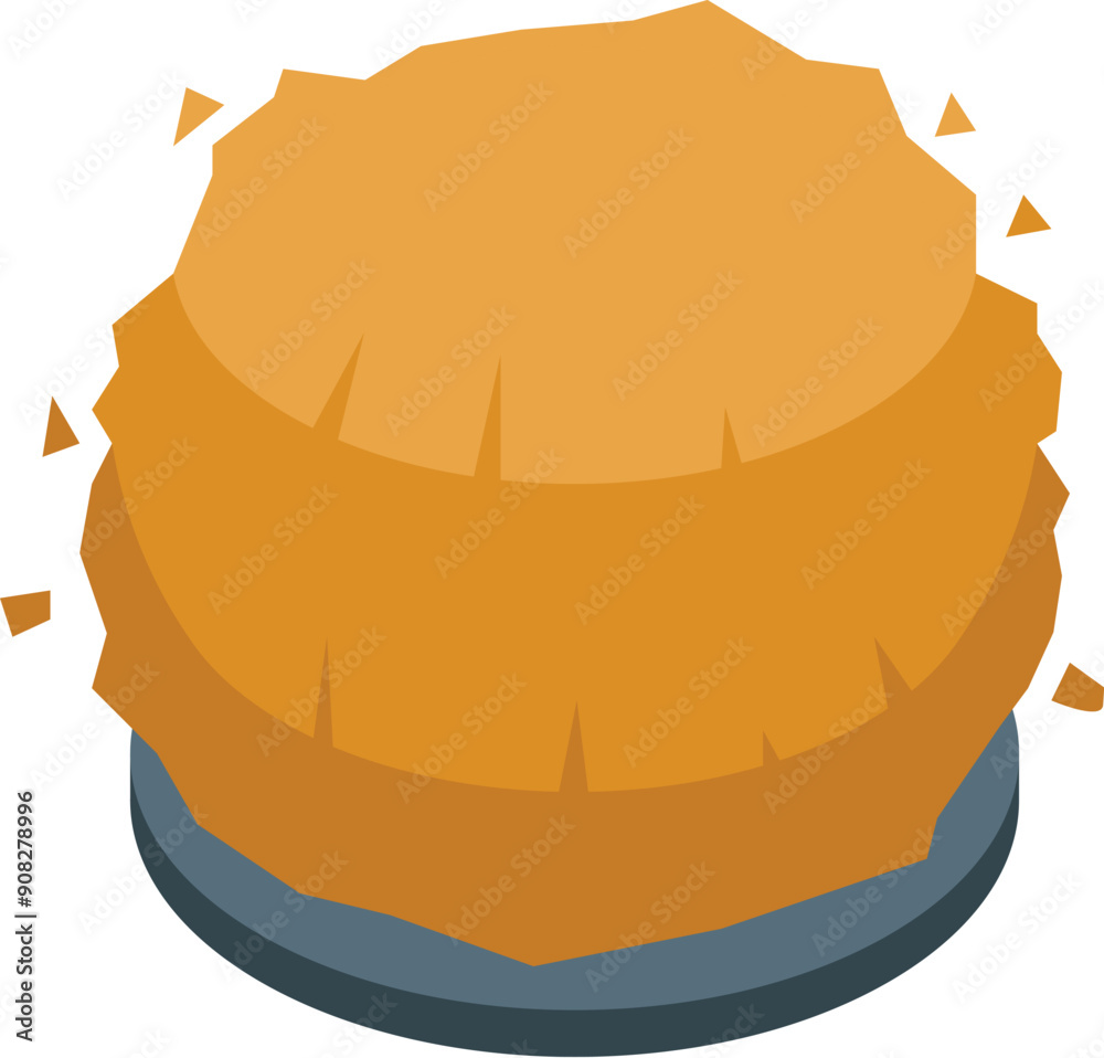 Round hay bale sitting on a metal base, providing essential nutrition for farm animals Round hay bale sitting on a metal base, providing essential nutrition for farm animals
