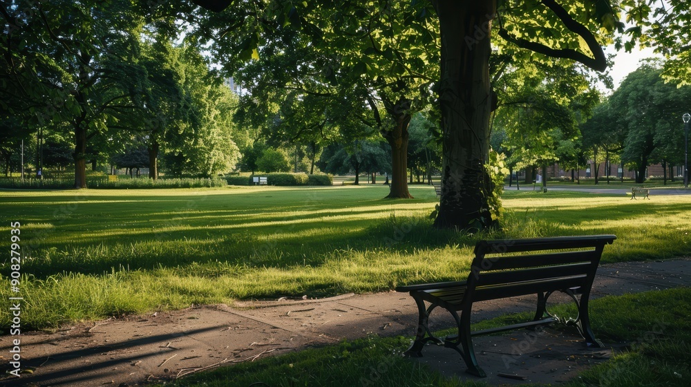 Tranquil green park with empty bench bathed in sunlight filtering through the trees, providing a peaceful spot for relaxation and reflection Tranquil green park with empty bench bathed in sunlight filtering through the trees, providing a peaceful spot for relaxation and reflection