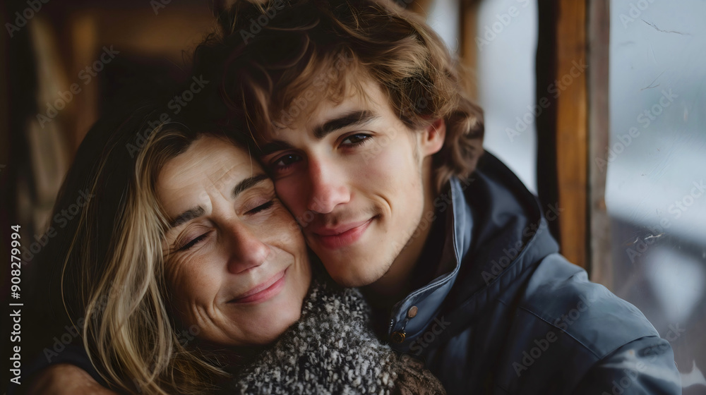 Mother and son hugging, middle aged adult mature woman and happy smiling young handsome man love relationship and bonding between parent and child kid. Family together, embrace parenthood