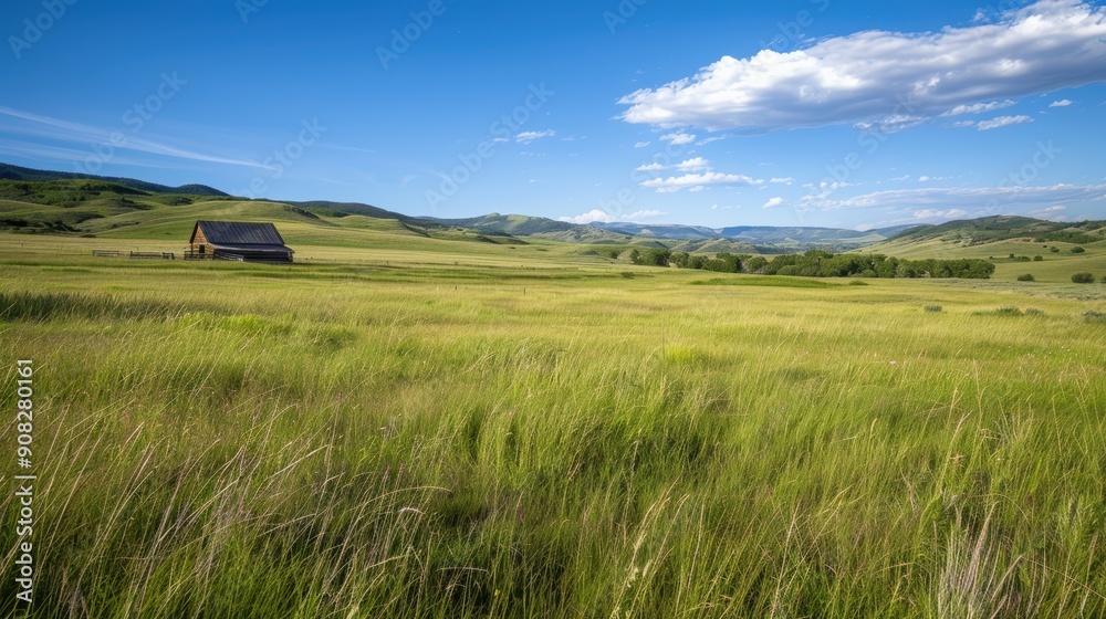 Wide open spaces of green grass blowing in the wind on a sunny summer day with an old wooden barn in the distance Wide open spaces of green grass blowing in the wind on a sunny summer day with an old wooden barn in the distance