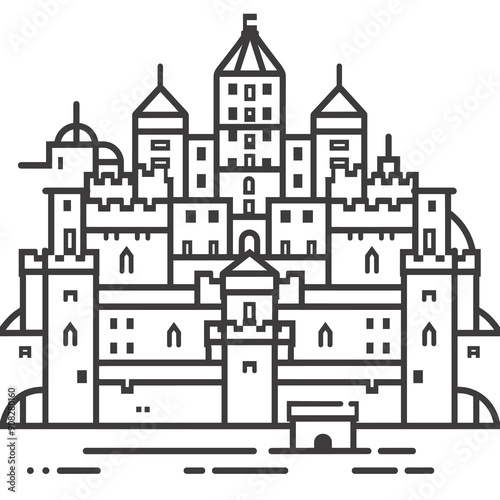 Minimalist black and white castle illustration, detailed line drawing showcasing medieval architecture and fortress design