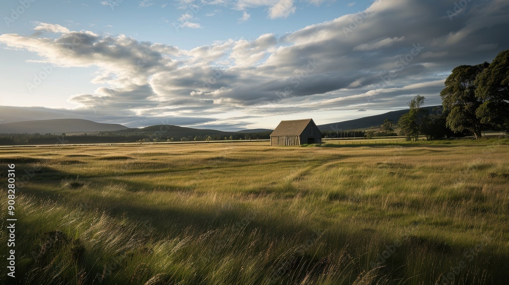 Old barn and long grass field bathed in golden light under a cloudy blue sky with rolling hills Old barn and long grass field bathed in golden light under a cloudy blue sky with rolling hills