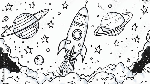 Rocket stars and planets in cosmos space universe galaxy coloring book page illustration outline black monochrome contour drawing. Astronomy science spaceship, children kids cosmic doodle art photo