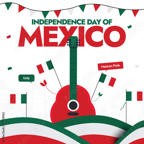 Mexico Independence Day. 16th Sept Independence day of Mexico celebration banner with its flag, mexican guitar, abstract art decor in flag colors. The country gained independence from spain in 1821.