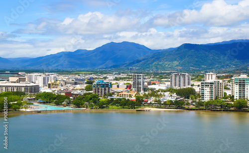 Aerial view of the Cairns waterfront as seen from a helicopter flying above the Coral Sea in northern Queensland, Australia