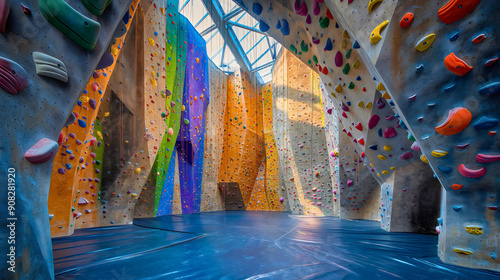 Colorful rock climbing wall in room interior, indoor inside extreme sport activity, grip strength fitness, athlete safety risk training, rope hanging, high, challenge, adventure, gym strength workout photo