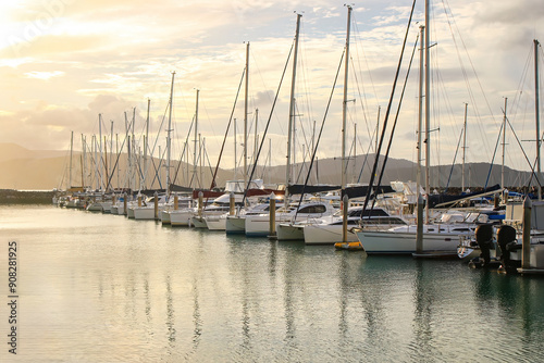 Sunset over the Abell Point Marina in Airlie Beach on the coast of Queensland facing the Whitsunday Islands in the Pacific Ocean, Australia photo