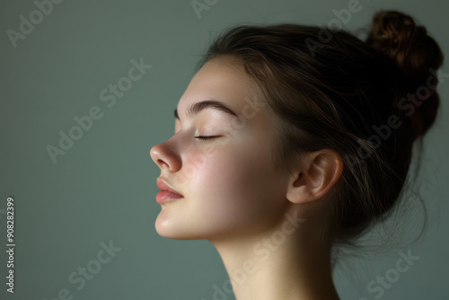 A close up of a girl's face with her eyes closed