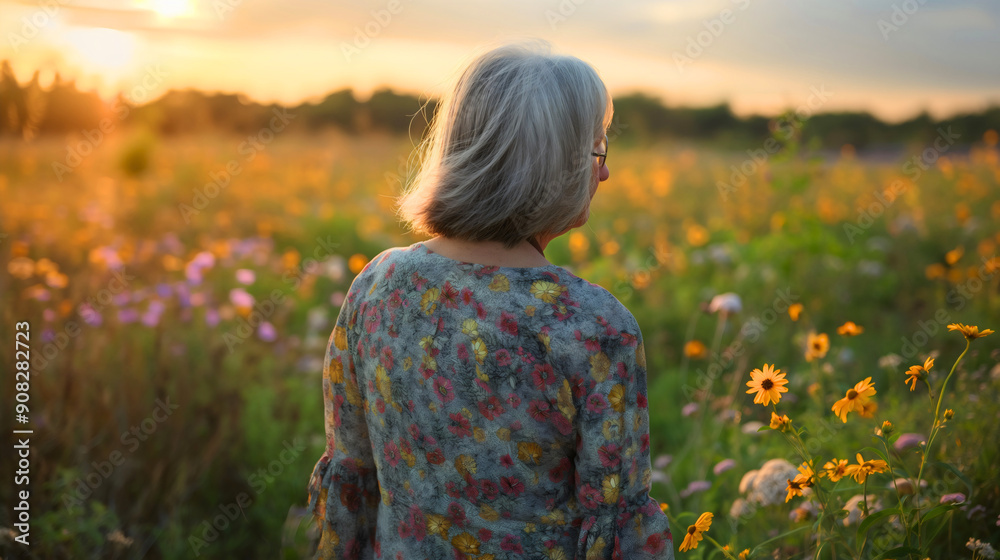 Rearview of old senior woman with gray hair standing in sunny sunset colorful wild flower nature field meadow. Countryside spring summer garden, standing or walking outdoor, retirement leisure Rearview of old senior woman with gray hair standing in sunny sunset colorful wild flower nature field meadow. Countryside spring summer garden, standing or walking outdoor, retirement leisure