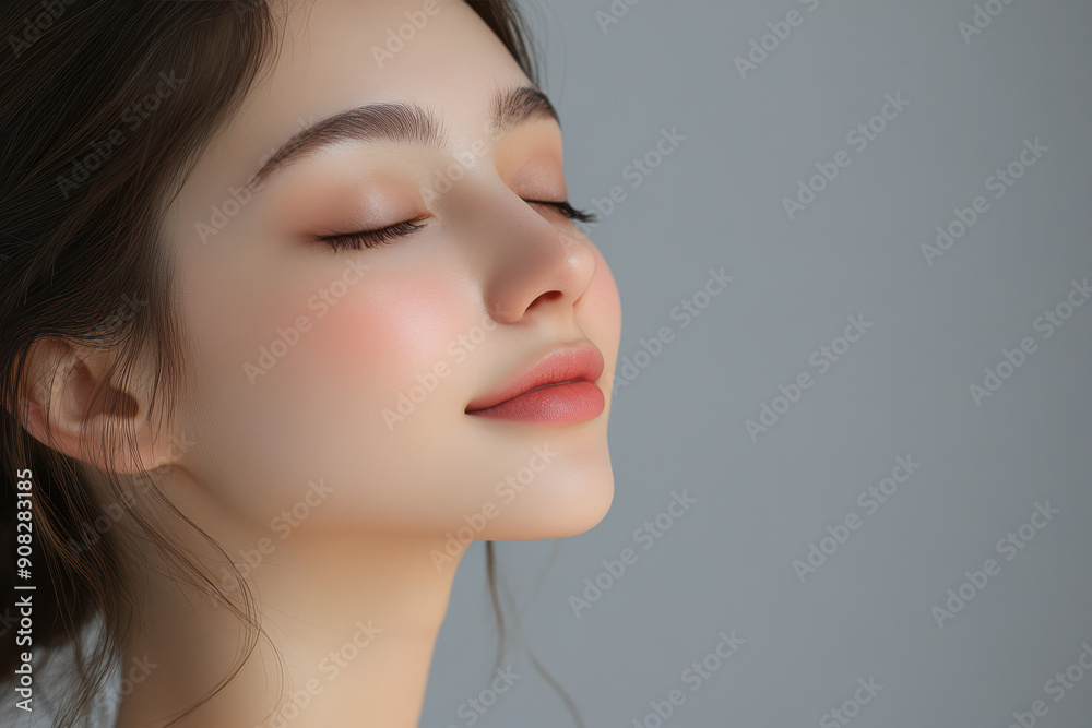 A close up of a girl's face with her eyes closed