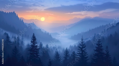 Misty mountain sunrise with a foggy valley and silhouette trees.