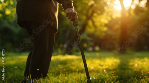 Senior old woman walking with wooden cane stick in sunny park nature outdoor, copy space. Elderly female pensioner or grandmother healthy activity, retirement leisure, mature, assistance, help, alone