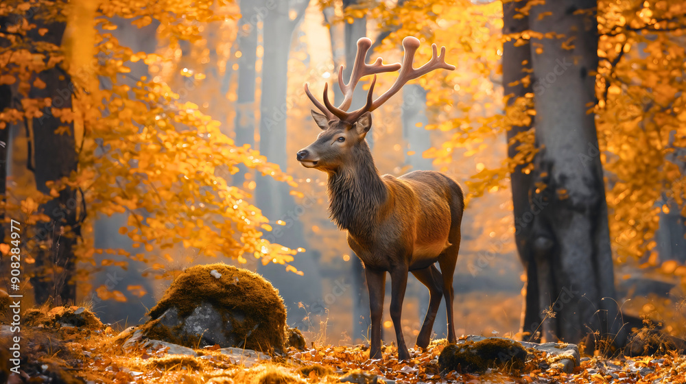 Deer antler elk buck mammal animal with horns standing and looking around in autumn fall forest woods wilderness nature with orange tree leaves. Beautiful meadow outdoor, fauna, wildlife, foliage Deer antler elk buck mammal animal with horns standing and looking around in autumn fall forest woods wilderness nature with orange tree leaves. Beautiful meadow outdoor, fauna, wildlife, foliage
