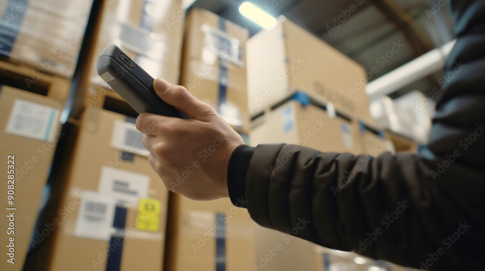 Closeup of hand holding digital bar code label laser scanner in warehouse full of boxes. Factory store order check, inventory logistic and shipping equipment, industry business technology reader Closeup of hand holding digital bar code label laser scanner in warehouse full of boxes. Factory store order check, inventory logistic and shipping equipment, industry business technology reader