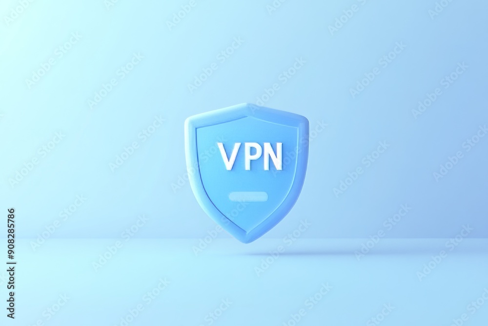 VPN shield icon on a blue background. Represents cybersecurity and internet privacy. VPN shield icon on a blue background. Represents cybersecurity and internet privacy.