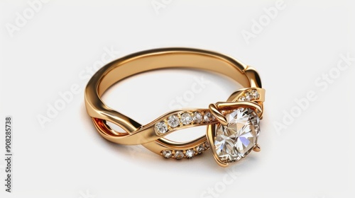A gold ring featuring a large diamond at its center, ideal for wedding or anniversary photography