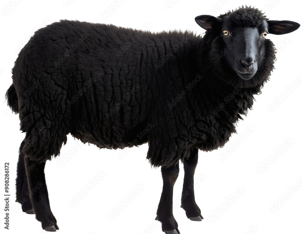 Side view full body length portrait of black sheep isolated on transparent background. Domestic livestock animal, unique and different concept, odd, leadership, individuality Side view full body length portrait of black sheep isolated on transparent background. Domestic livestock animal, unique and different concept, odd, leadership, individuality