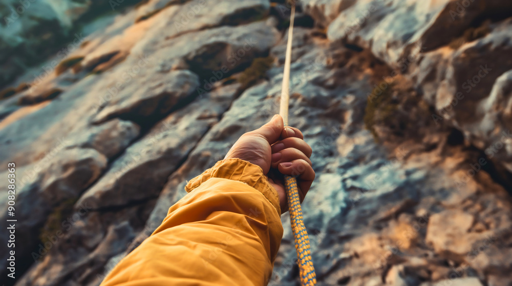 Man hand holding the rope haning from rock cliff stone edge. Extreme ...