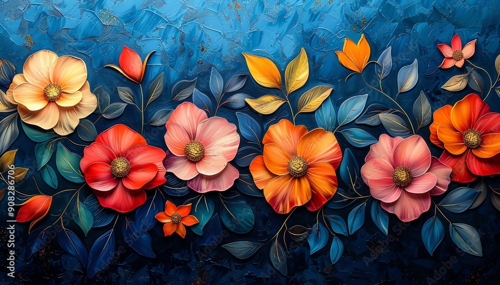 Vibrant floral painting with red, orange, and pink flowers on a blue background, perfect for home decor or digital designs.