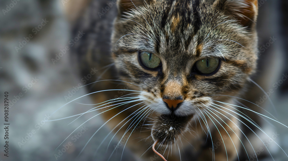 Closeup of cat holding mouse in her mouth. Domestic hunter pet animal catch mice rat rodent, predator hunting, gray, victim, prey