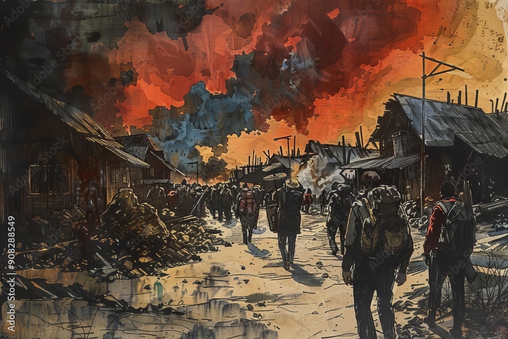 Dramatic post-apocalyptic scene with ruins and survivors walking under ...