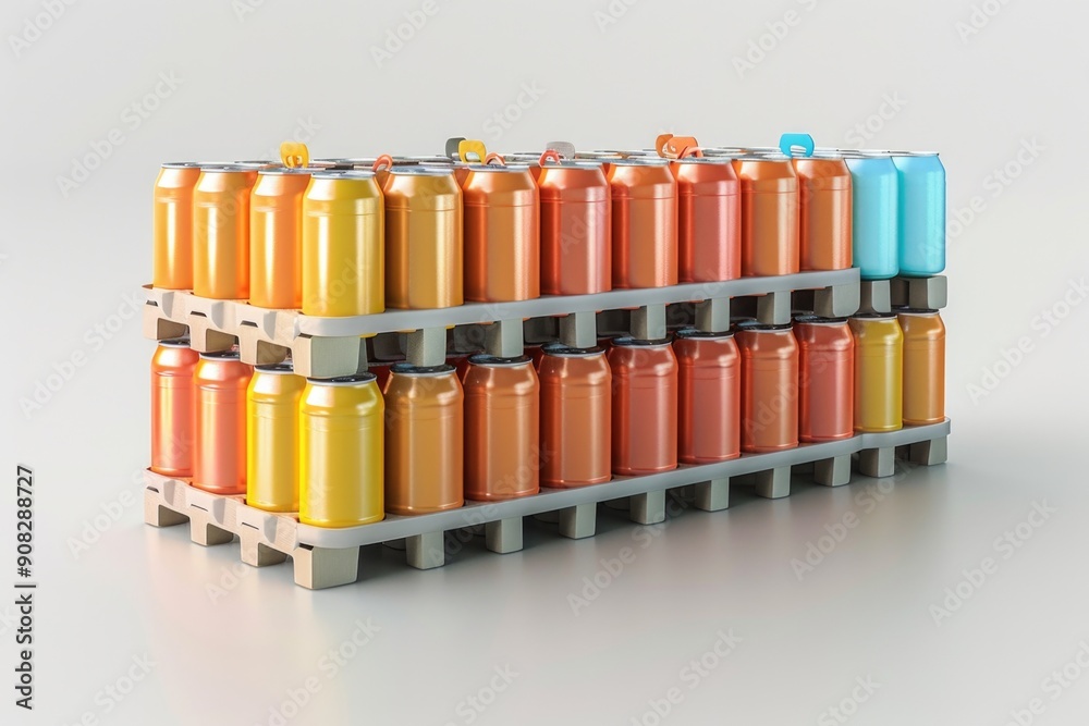 A stack of colorful cans on a pallet, ideal for use in industrial or commercial settings A stack of colorful cans on a pallet, ideal for use in industrial or commercial settings
