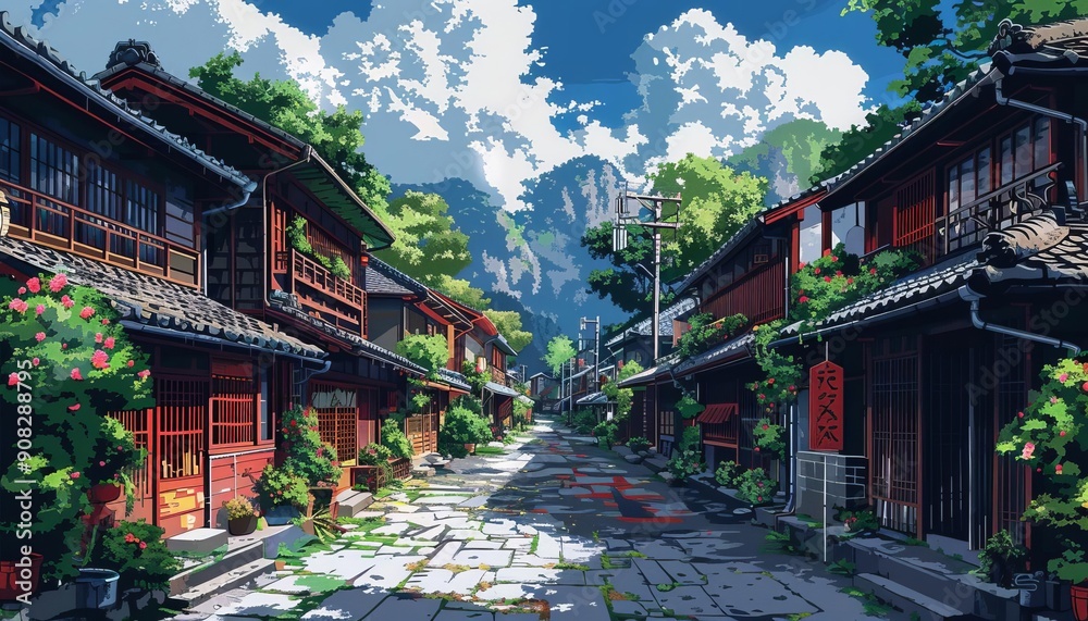 Obraz premium Picturesque traditional Japanese village street with wooden houses, lush greenery, and mountains in the background under a bright sky.