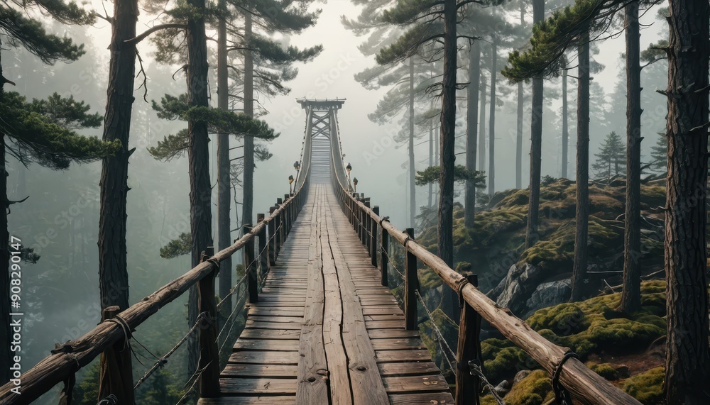 Fototapeta premium Wooden Suspension Bridge Through Misty Forest.