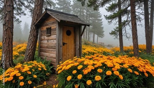 Wooden outhouse in a foggy forest with yellow flowers.