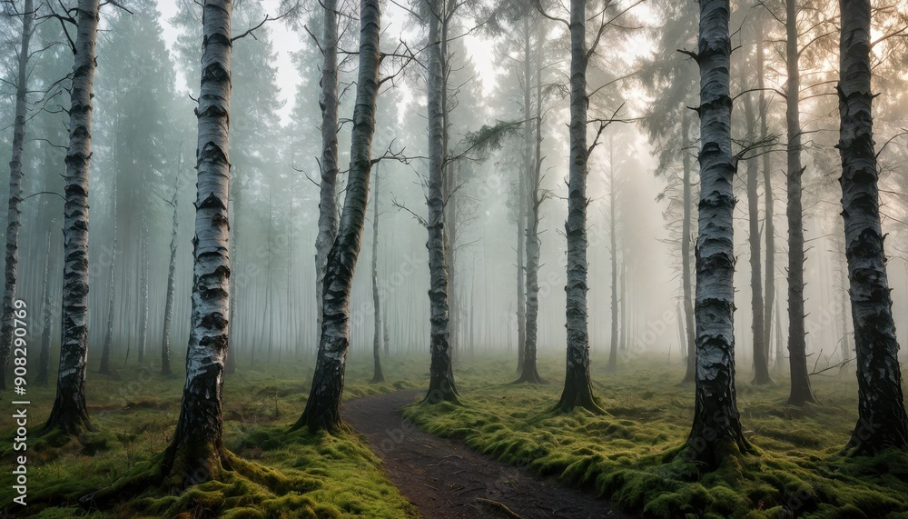 Obraz premium Misty Birch Forest Path.