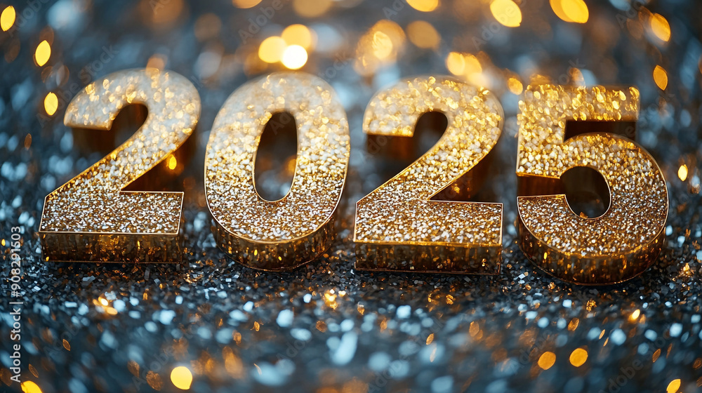 2025 in golden color on a Christmas background. 2025 in golden color on a Christmas background.