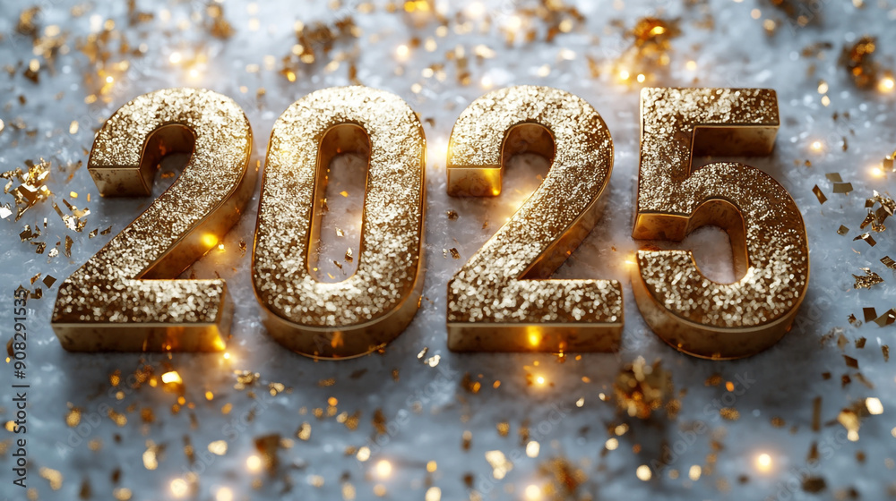 2025 in golden color on a Christmas background.