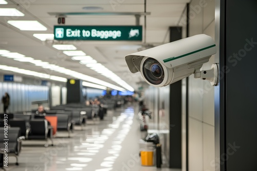 Spacious indoor setting, Exit to baggage sign, surveillance camera, seats, tables photo