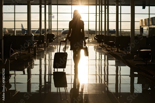 Silhouette of woman with suitcase, sunlit airport lounge, reflective floor photo
