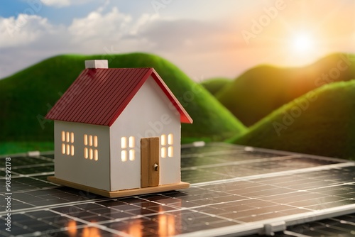 Miniature white house with red roof on solar panels, green hills, warm sun glow photo