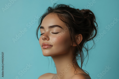 A close up of a girl's face with her eyes closed