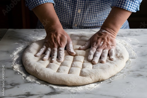 Flour dusted hands kneading dough on marble countertop, checkered shirt, dark background photo