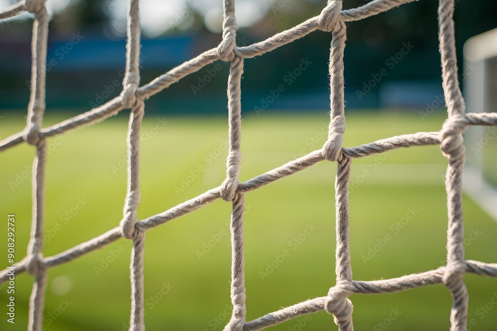 Closeup white soccer net, intricate knots, blurred well maintained field, sunlight Closeup white soccer net, intricate knots, blurred well maintained field, sunlight
