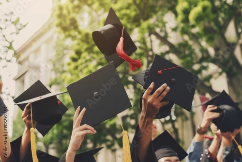 Millennial Students Celebrate Graduation by Throwing Hats in the Air, Joyful Moment of Academic Achievement Outdoors photo