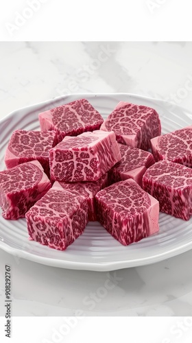 Marbled Meat Cubes on Plate 1 photo