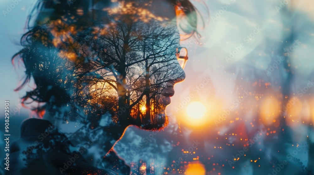 A portrait of a man's face with trees visible through double exposure effect A portrait of a man's face with trees visible through double exposure effect