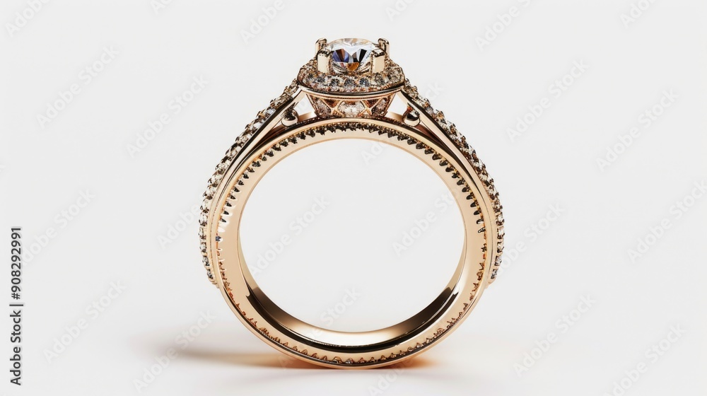 A shiny gold ring featuring a large diamond at its center, perfect for jewelry or luxury product photography A shiny gold ring featuring a large diamond at its center, perfect for jewelry or luxury product photography