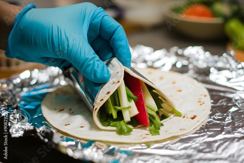 Closeup gloved hand assembling a wrap, blurred kitchen background photo