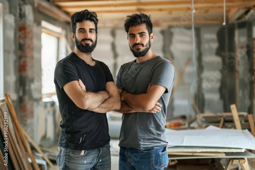 Portrait of Happy Building Contractor and Laborer on Construction Site, Smiling Professionals in Safety Gear, Construction Team at Work photo