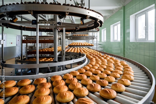 Bakery with large circular conveyor belt, freshly baked pastries, light green walls
