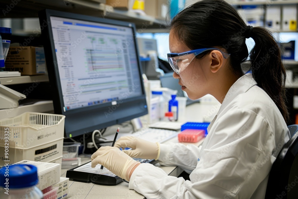 Engineers in R&D Center Wearing Protective Eyewear Studying New Energy Source, Symbolizing Innovation, Technology, and Scientific Research. Engineers in R&D Center Wearing Protective Eyewear Studying New Energy Source, Symbolizing Innovation, Technology, and Scientific Research.