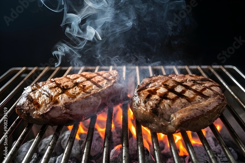 Barbecue grill with meat, grill marks, glowing embers, smoke, dark background photo